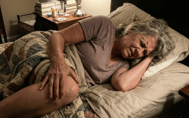 Frau liegt nachts im Bett mit sichtbaren Knieschmerzen, hält ihr Knie und wirkt unbequem – visualisiert nächtliche Kniebeschwerden und die Wichtigkeit von Ruhe und Warnsignalen ernst nehmen zur Prävention von Überlastungen.