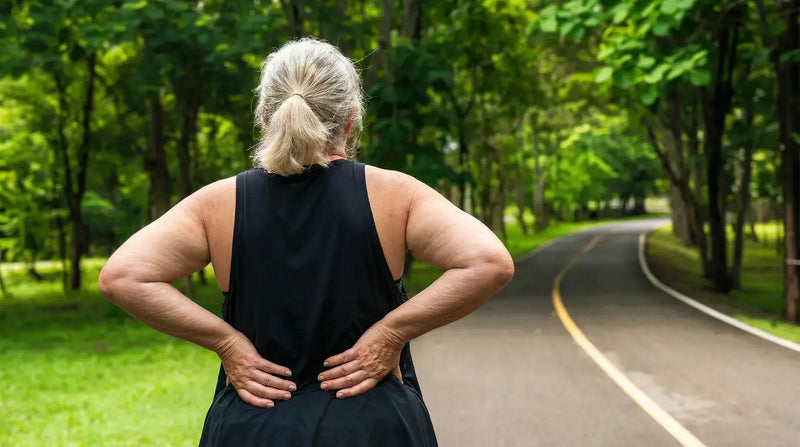 Übergewichtige Person hält sich mit schmerzendem Gesichtsausdruck den unteren Rücken und die Hüfte – veranschaulicht, wie zusätzliches Gewicht Rücken- und Hüftschmerzen im Alltag verstärkt.