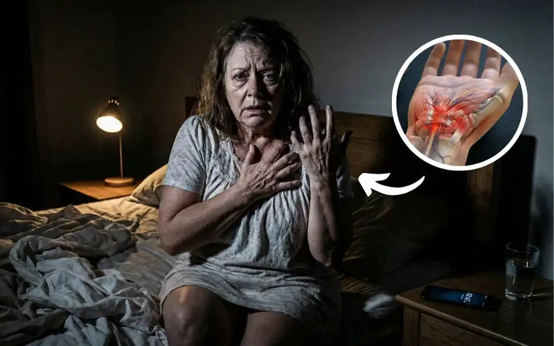 Frau wacht morgens auf und hält schmerzend ihre Hand, während sie ihr taubes, kribbelndes Handgelenk und ihre Finger überprüft – visualisiert nächtliche Karpaltunnelsyndrom-Symptome und wie sie nach dem Schlaf verstärkt auftreten.