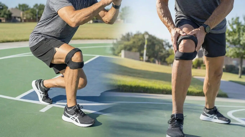 Asipu AktivJoint™ Kniegelenksbandage in schlankem schwarzem Design mit sichtbaren verstellbaren Riemen, die das innovative Dual-Action-System zeigen für gezielte Ober- und Unterseite-Unterstützung