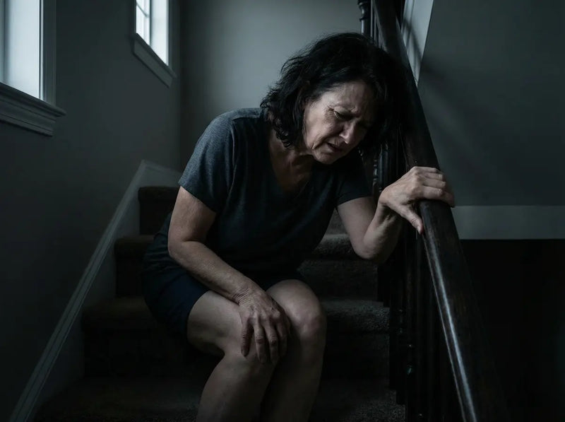 Frau leidet sichtbar auf der Treppe mit schmerzendem Knie – zeigt alltägliche Belastung und Notwendigkeit von Unterstützung.