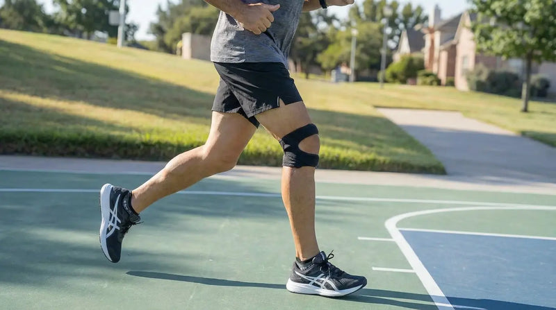 Läufer während des Trainings mit sichtbaren Knieschmerzen, der sein Knie hält und Schmerzen im Bereich der Kniescheibe anzeigt – visuelles Beispiel des patellofemoralen Schmerzsyndroms