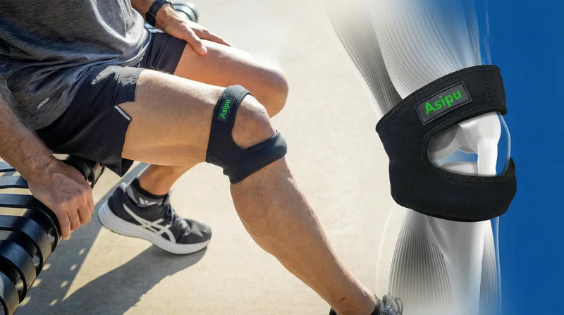 Asipu AktivJoint™ Kniegelenksbandage in schwarzem Design mit verstellbaren Klettverschlüssen und Dual-Action-Stützsystem für Ober- und Unterseite des Knies