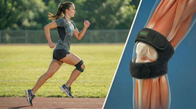 Person mit Asipu AktivJoint™ Kniebandage beim Joggen/Laufen – demonstriert praktische Unterstützung während Aktivität.