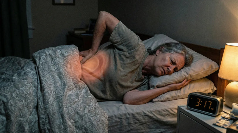 Frau liegt nachts im Bett mit sichtbaren Rückenschmerzen, hält ihren unteren Rücken und wirkt unbequem – visualisiert nächtliche Rückenbeschwerden und die Wichtigkeit von richtiger Unterstützung und Prävention zur Linderung chronischer Schmerzen.